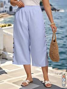 SHEIN LUNE CURVE Plus Size Casual Light Blue Striped Wide Leg Capri Pants - Blue - View 1