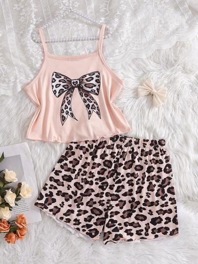 Bowknot Leopard Print Camisole Top With Shorts, Casual Comfortable 2 Pieces Loungewear Set