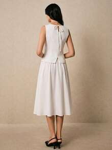 Poéselle 白色两件套，无袖上衣搭配A字中长裙，优雅夏季套装，简约时尚度假装，女士白色圆领背心和半裙休闲套装，法式两件套，2026新款，女士优雅套装，优雅高贵的正式休闲套装，女士连衣裙，女士正装，女士连衣裙，优雅经典 - 白色 - 查看 4