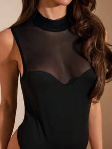 SHEIN BAE Áo liền thân không tay cổ cao màu đen xuyên thấu, áo liền thân màu đen thanh lịch, đồ bơi - màu đen - Xem 7