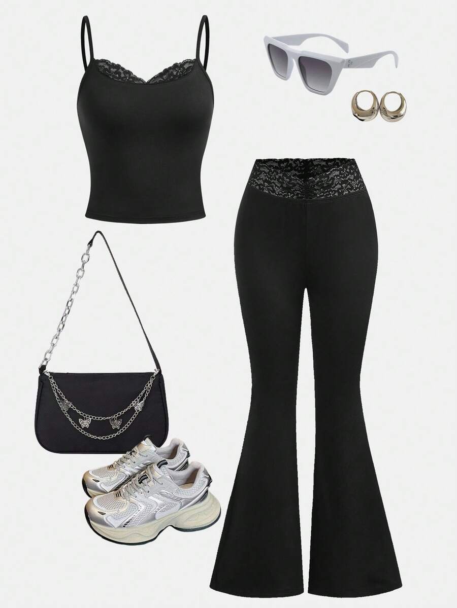 SHEIN Girlism 少女夏季黑色蕾丝拼接吊带背心套装+喇叭裤修身两件套 - 黑色 - 查看 1