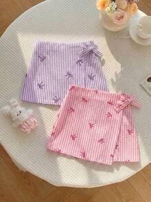 SHEIN Quần short kẻ sọc cho bé gái (cỡ nhỏ) có nơ trang trí. - Nhiều màu - Xem 3