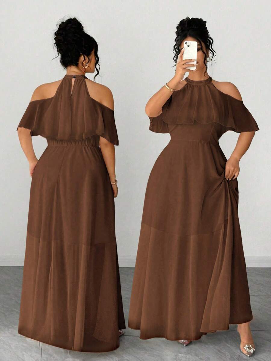 Elenzga Women's Plus Size Coffee Brown Flared Hem Halter Cold Shoulder Long Dress Semi-Sheer Woven Fabric - Coffee Brown - View 1