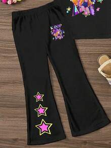 SHEIN 春夏少女休闲时尚创意个性清新简约酷炫虚拟少女团体彩色五角星图案字母标语印花休闲T恤和喇叭裤套装，舒适日常穿着 - 黑色 - 查看 5