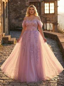 Aureia 大码优雅奢华紫色亮片刺绣网纱露肩泡泡袖贴花设计舞会礼服，适合晚宴、单身派对、约会、舞会、婚礼、度假正式场合（重工刺绣） - 紫色 - 查看 11