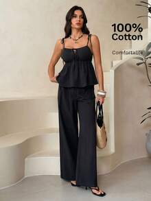 SHEIN Tall 100%纯棉棕色亚麻背心和裤子套装 - 黑色 - 查看 3