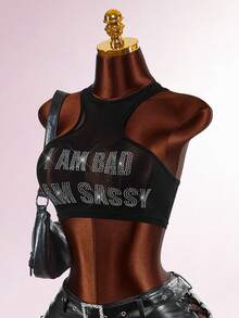 Amplova Y2K性感女士紧身无袖网纱水钻装饰露脐上衣，适合音乐节和摇滚装扮，纯黑色 - 黑與白 - 查看 8