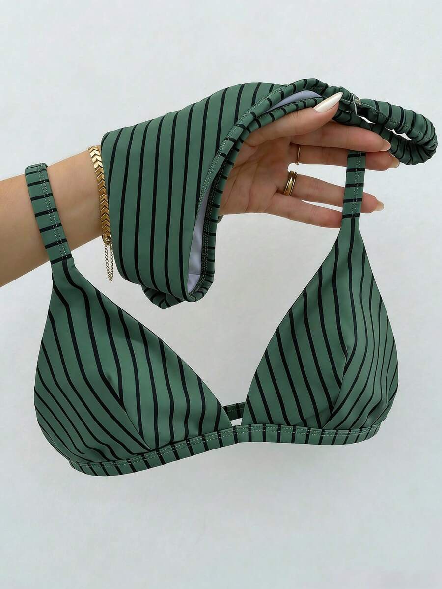 SHEIN Swim 女士复古深绿色条纹宽肩带三角杯比基尼,舒适支撑,简约奢华感,度假泳池沙滩泳装套装 - 彩色 - 查看 1