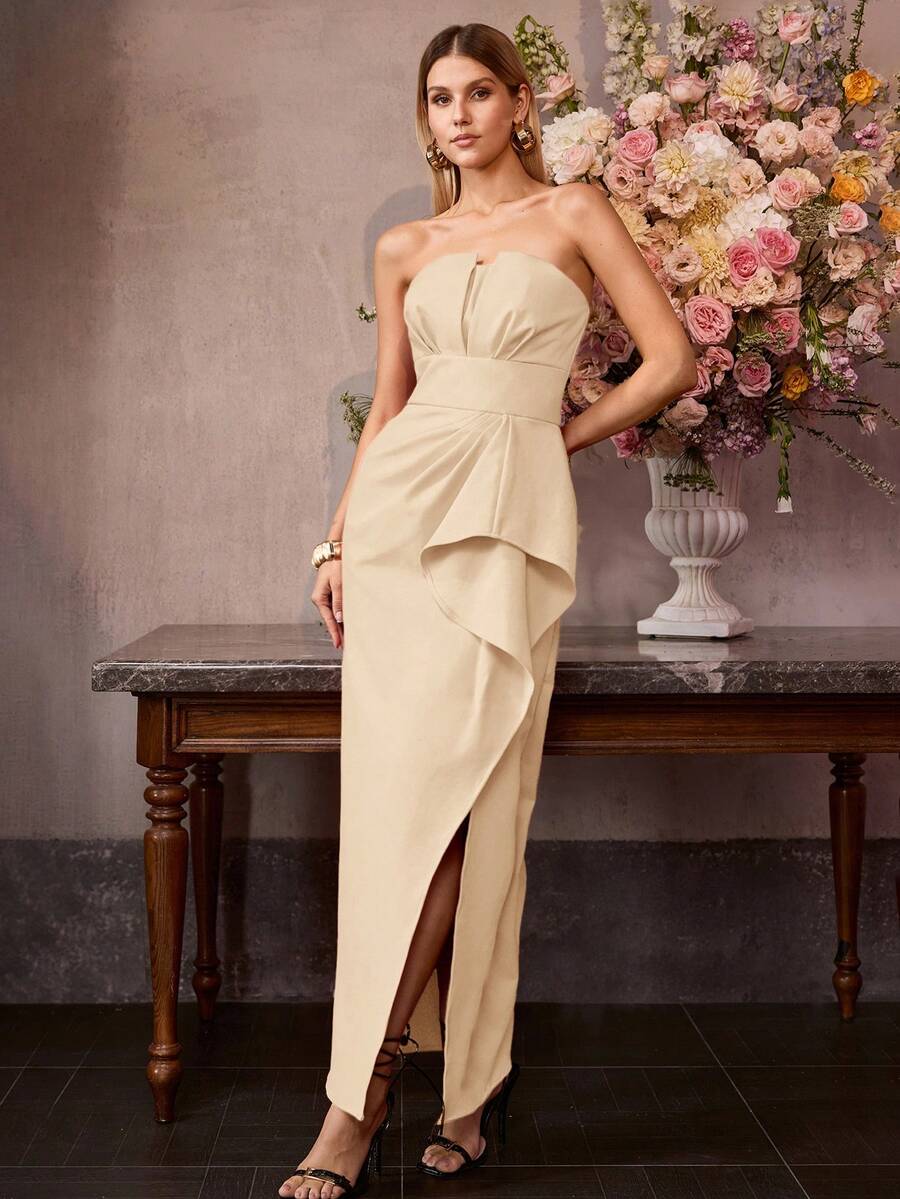 MOTF Soiréza Đầm dài không dây vai dành cho nữ, thích hợp cho các dịp trang trọng. - Màu be - Xem 1