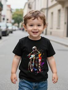 SHEIN GraphicGems 男童休闲摩托车印花黑色短袖T恤，男婴摩托车爱好者印花黑色T恤，日常百搭黑色圆领摩托车印花衬衫，户外酷炫摩托车印花男童T恤 - 白色 - 查看 3
