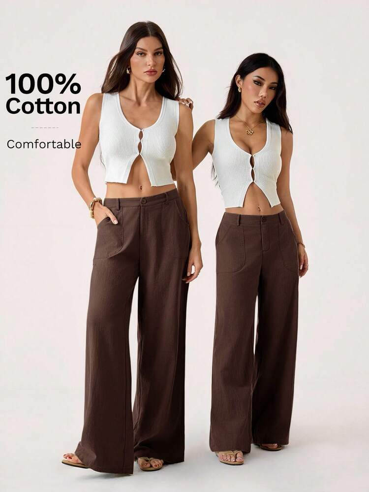 SHEIN PETITE Pantalones rectos de cintura baja de 100% algodón lavado - Café integral - Ver 3