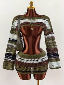 Amplova Bộ áo croptop và chân váy ngắn dệt kim dành cho nữ, gợi cảm và phá cách, thích hợp cho kỳ nghỉ, lễ hội âm nhạc, trang phục mùa hè, bộ 2 món dễ thương (không bao gồm áo ngực) - Nhiều màu - Xem 4