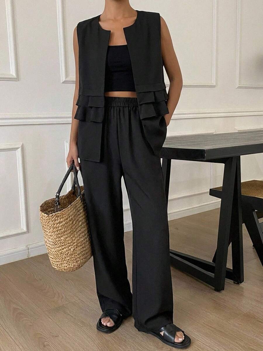 FRIFUL Women's Solid Color Layered Ruffle Hem Commuter Vest And Straight Leg Suit Pants Set - Black - View 1