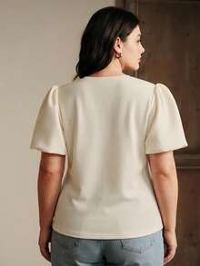 Anewsta Plus Size Women's White T-Shirt, Elegant Curve Summer Party Date Night Resort Embroidered Rose Short Puff Sleeve T-Shirt, Daily Wear, Vacation - Apricot - View 6