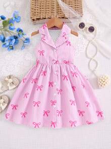 SHEIN Elladie kids 女童夏季新款时尚Polo领露背吊带束腰甜美度假风连衣裙，少女正式礼服 - 粉色 - 查看 1