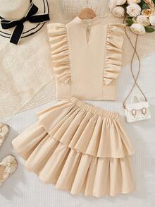 2 Stück Mädchen Outfit mit hellorangem Rüschen-Trim Kurzarm Bluse & Doppel-Rüschen Saum Rock, Frühling/Sommer Neuankömmling - Champagnerfarben - Übersicht 2