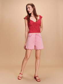 lacRébo Pink Denim Shorts With Scalloped Edges Spring Summer Parisian Style French Style Vacation Shorts Going Out - Pink - View 5