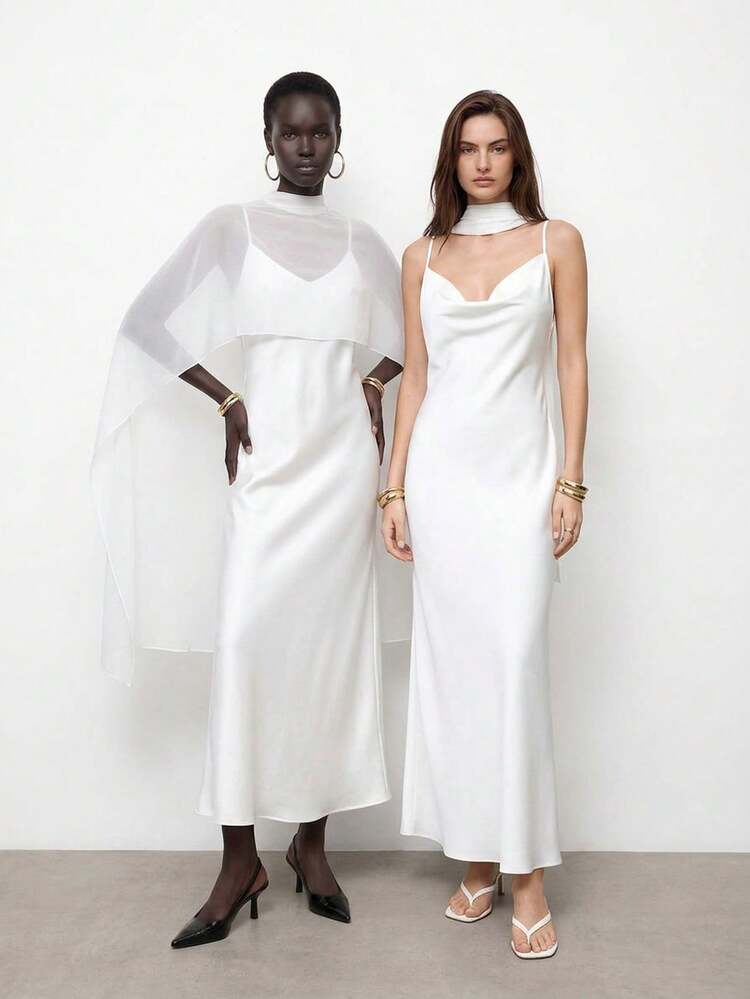 SHEIN Maija Women's Solid Color Cape Top And Spaghetti Strap Dress Elegant 2 Pieces Set, Summer Dress, Summer Outfits, Summer Dresses For Women, Summer Clothes, Summer Outfit For Women, Spring Clothing, Spring Dress , Spring Women, Festival Dress, Elegant Dresses For Party, Elegant Party Dresses, Wedding Guest Dress For Women, Wedding Party Dress, Weddings & Events, Bridesmaid Dress, Wedding Guest Party Dress, White Dresses , Mesh Cloak Style