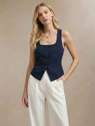 BizChic Navy Blue Square Neck Metal Decor Ruffle Hem Women's Tank Top, Modern Elegant Urban Commute Everyday Romantic 90s Retro, Suitable For Christmas, New Year, Valentine's Day, Party, Beach, Graduation, Fashion, Festival, Holiday, Wedding Guest, Brunch, Airport, Multi-Occasion