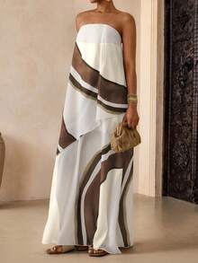 Vesra Women's White And Brown Geometric Print Strapless Maxi Dress,Asymmetric Hem Layered Summer Flowy Boho Dress For Tropical Holiday,Vacation,Holiday - Multicolor - View 7