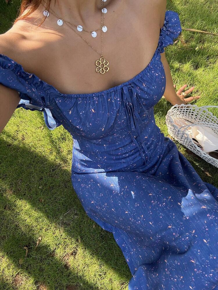 Women's Square Neck Ditsy Floral Red Petal Sleeve Mid-Length Dress Boho