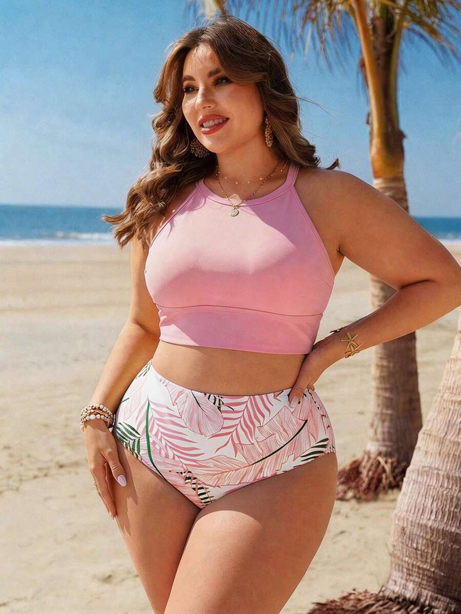 Swim Lushoire Plus Size Women 2pcs Random Print Tankini Swimsuit With Tummy Control, Beach Holiday - Baby Pink - View 1