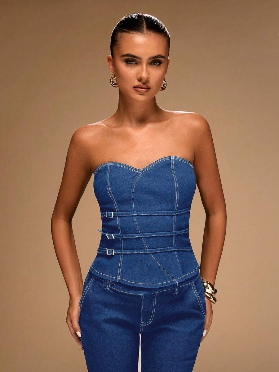 SHEIN BAE 女款純色極簡日常穿搭抹胸牛仔上衣 - 中等水洗藍 - 查看 1