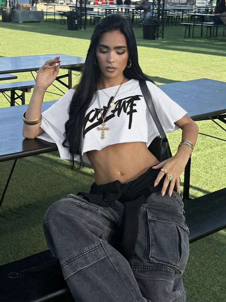 AfricaSnchz Women's Spring/Summer Streetwear Going Out Sport Casual Graphic Off Shoulder Slouchy Cropped White T-Shirt - White - View 1