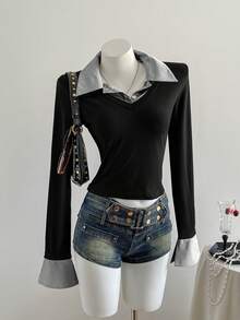 Elamini 1 件女式条纹拼接不对称下摆紧身长袖 T 恤，二合一衬衫领，时尚休闲街头风格，秋冬图案 T 恤女式春季上衣 - 黑與白 - 查看 3