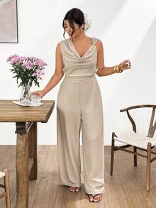 Lounesse Plus Size Women's Hooded Jumpsuit With Side Metal Buckle, Apricot Color Work Outfits Women Work From Home Outfits Spring/Summer Casual Vacation Jumpsuit For Women - Apricot - View 3