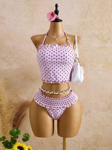 Swim Mod Bộ bikini hai mảnh họa tiết chấm bi hoa lá ngọt ngào dành cho nữ, trang phục đi biển dễ thương. - Hồng - Xem 6