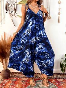 Fembélia Printed & Tie-Dye Ink Wash Casual Loose Jumpsuit For Women - Blue - View 4