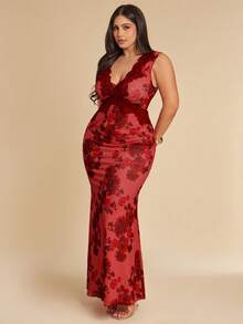 SHEIN BAE Plus Size Women's Elegant Red Floral Print Satin Dress,Autumn V-Neck Lace Patchwork Bodycon Maxi Dress,Sleeveless Party Special Occasion Long Dress - Multicolor - View 5