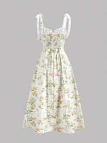 SHEIN 优雅吊带腰身碎花A字连衣裙，适合少女 - 杏色 - 查看 2