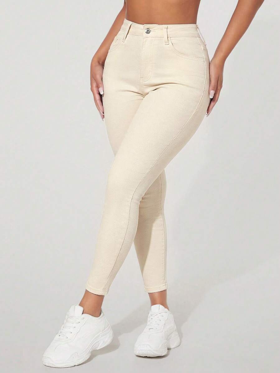 SHEIN PETITE Casual Versatile Solid Color Slim Fit Jeans ,Petite Women - Apricot - View 1