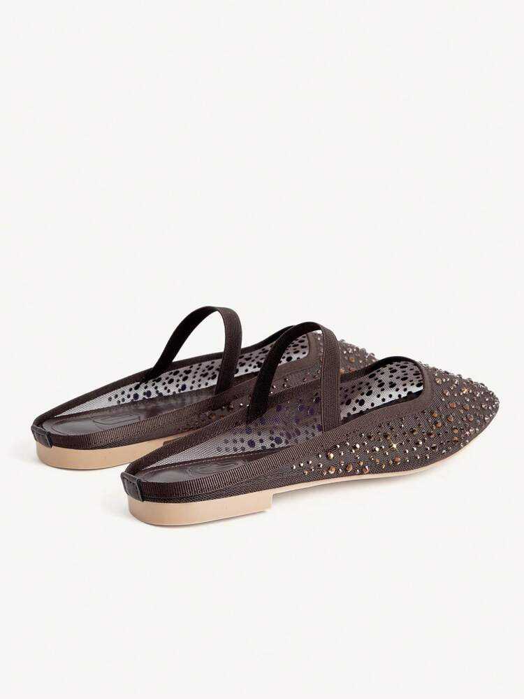 CUCCOO CHICEST Women Shoes Spring And Summer Fashion Dark Coffee Full Diamond Mesh Elastic Band Women Flat Mule Shoes Elegant Comfortable Cute Sweet Women Flat Shoes Half Slippers