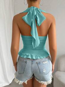 SHEIN Unity Women's Solid Color Ruffle Trim Halter Neck Camisole - Baby Blue - View 2