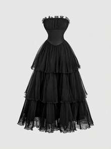 SHEIN MOD Black Ruched Multi-Layer Dress - Black - View 2