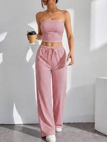 SHEIN PETITE 2pcs Women Striped Bandeau Top And Tie Waist Long Pants Set - Red - View 4