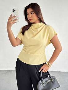 Firerie Plus Size Light Yellow Summer Smart Casual Office Women Shirt,Elegant Ruched Collar Asymmetrical Sleeve Side Ruched Waist Bamboo Fiber Fabric - Yellow - View 7