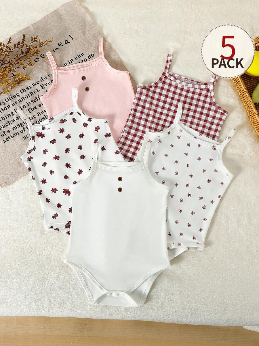 SHEIN 5pcs/Set Baby Girls' Summer Floral & Plaid Pattern Knit Sleeveless Rompers - Multicolor - View 1