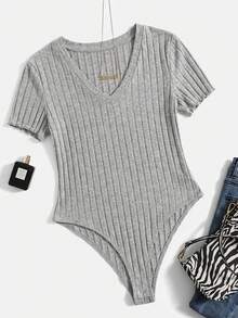SHEIN EZwear 浅灰色V领短袖罗纹休闲连体衣，适合大码女性 - 淺灰色 - 查看 1