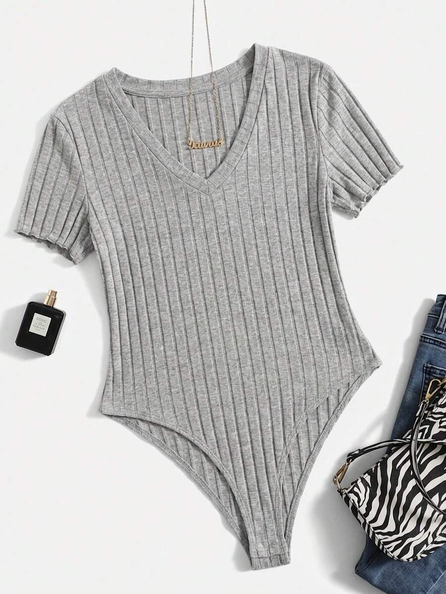 SHEIN EZwear 浅灰色V领短袖罗纹休闲连体衣，适合大码女性 - 淺灰色 - 查看 1