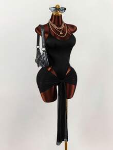 Amplova Bộ jumpsuit gợi cảm cổ chữ V xẻ sâu mới về dành cho nữ - màu đen - Xem 4