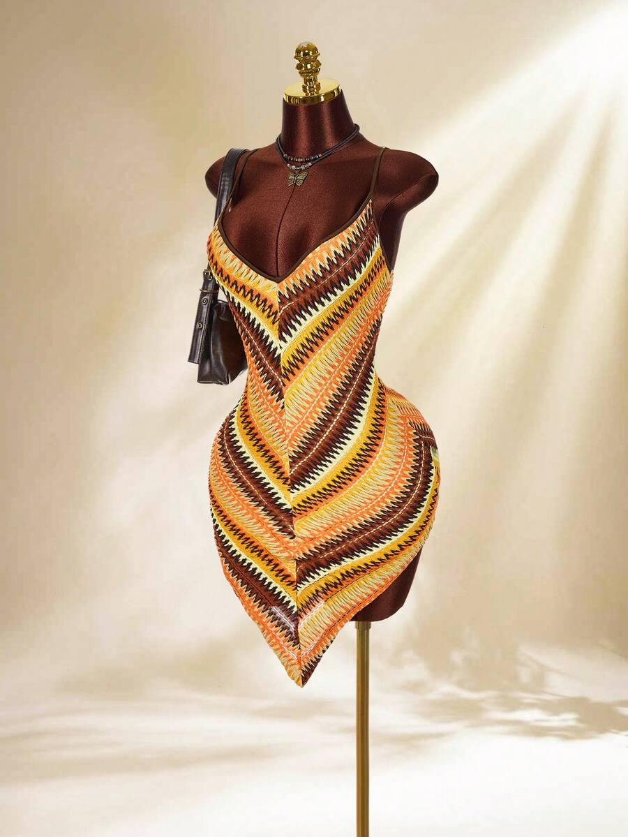 Amplova 女士中长款V领连衣裙，前卫性感，适合度假，夏季吊带可爱连衣裙 - 彩色 - 查看 1