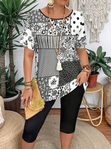 EMERY ROSE 夏季拼接印花圆领短袖T恤和打底裤两件套女式大码休闲套装 - 彩色 - 查看 1