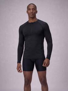 Manfinity KASUA Men's Plain Insert Sleeve Surf T-Shirt Athletic Workout Shirt, Men Swim Shirt, Mesh Men Top, Men S Rash Guard Shirt, Long Sleeve Swim Shirt - Black - View 3