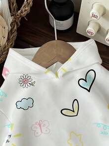 SHEIN EZwear 女士花卉、爱心和太阳印花米色连帽衫，秋冬季流行款式 - 彩色 - 查看 4