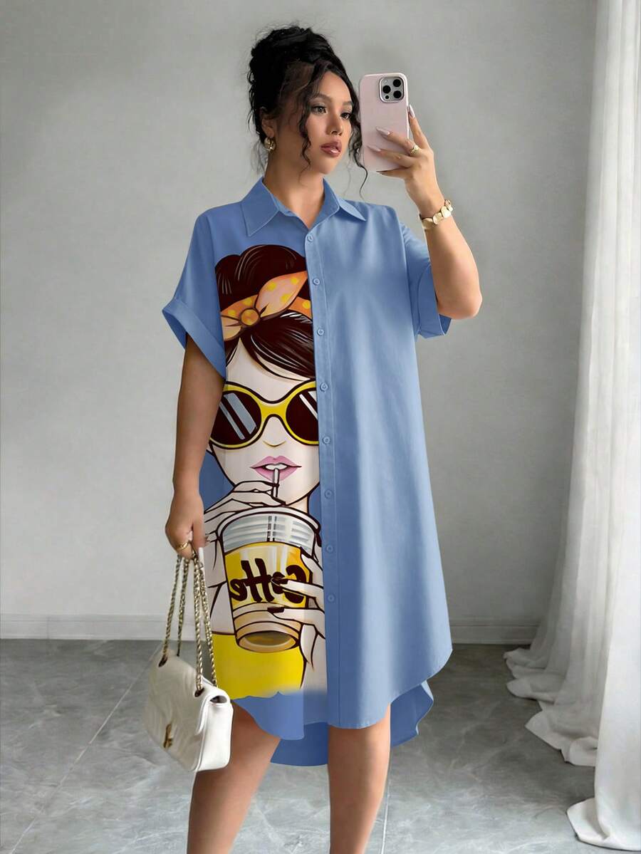 Chiquease Casual Cartoon Print Button Front Dress, Summer - Dusty Blue - View 1