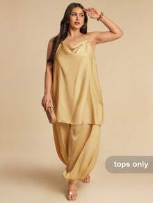 SHEIN BAE Plus Size Mustard Yellow Gold Satin Plunge Neck Backless Elegant Halter Top For Women, Summer, Wedding Guest Attire, Holiday Beach Wear, Curve Top - Orange - View 3